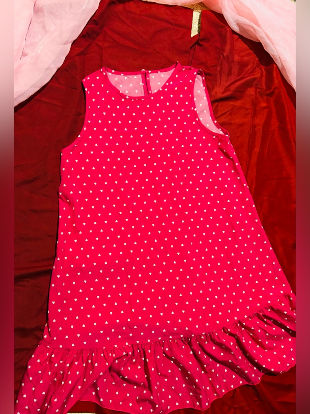 Girls' Pink Heart Print Ruffle Hem Dress